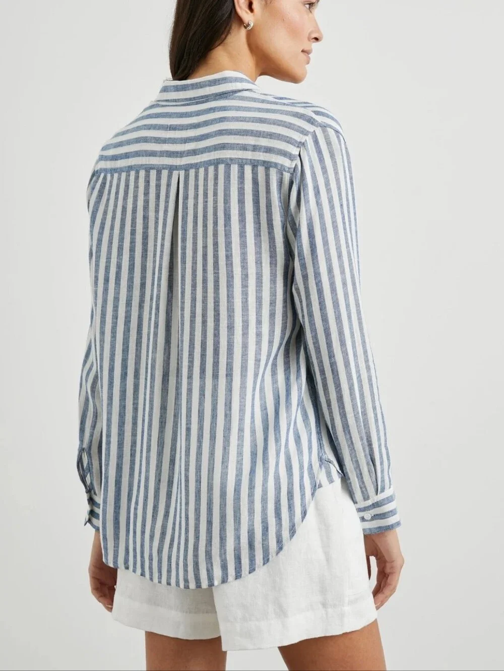 Rails Charli Striped Button-Up Shirt in Blue White Linen Blend Semi Sheer
